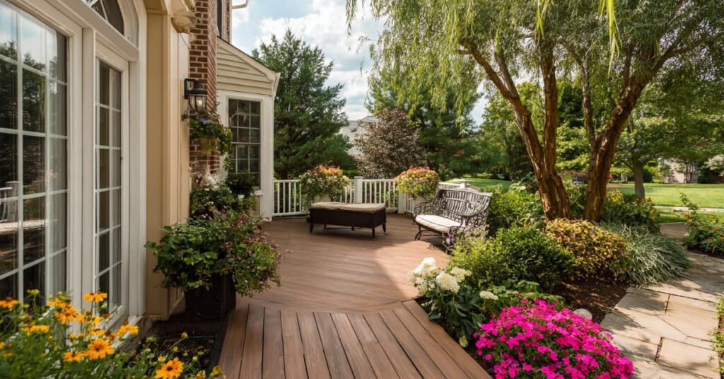 flowers, wood deck for outdoor living around home in new jersey