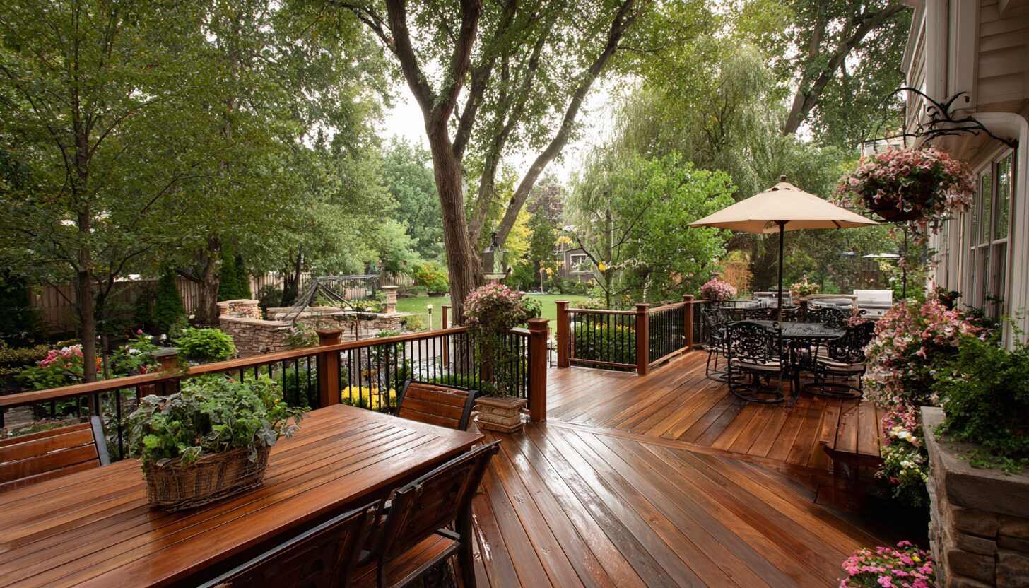 Backyard in NJ, outdoor living with wood deck and porch