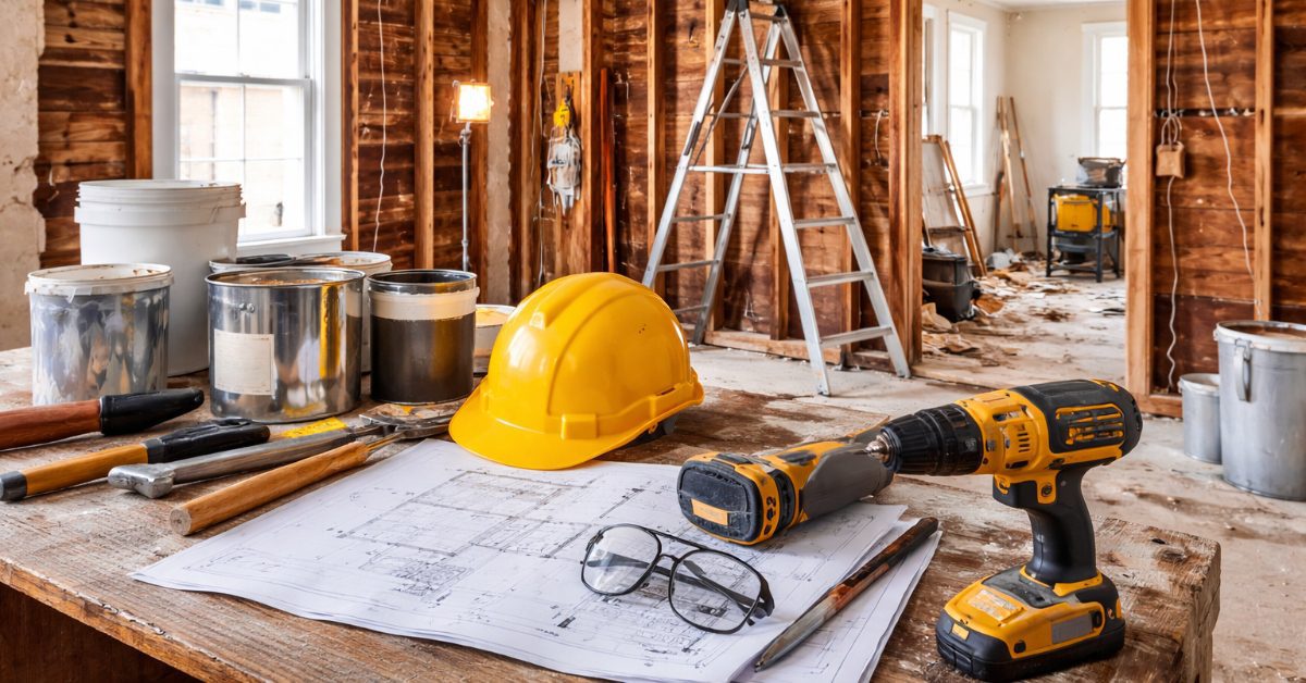 renovation with helmet, glasses, archictural plans, drill, paint, concept of renovating older homes