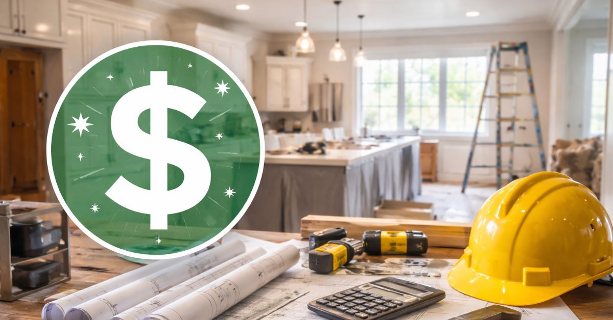 dollar icon, architecture plans, helmet, kitchen, ladder, concept of home renovation costs