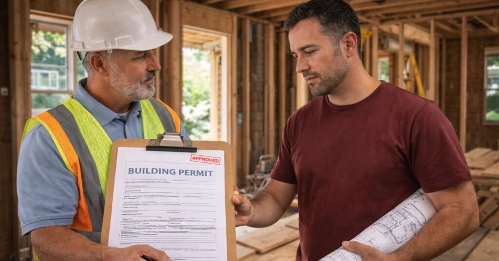 2 contractors holding home remodeling permits on clip board