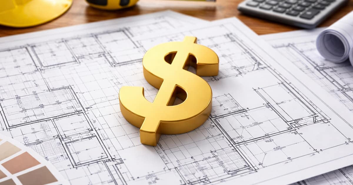 US dollar sign over architectural plans, concept of cost to remodel a home in north jersey