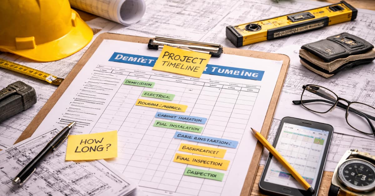 clipboard with project timeline, showing How Long Does a Home Remodel Take in North Jersey