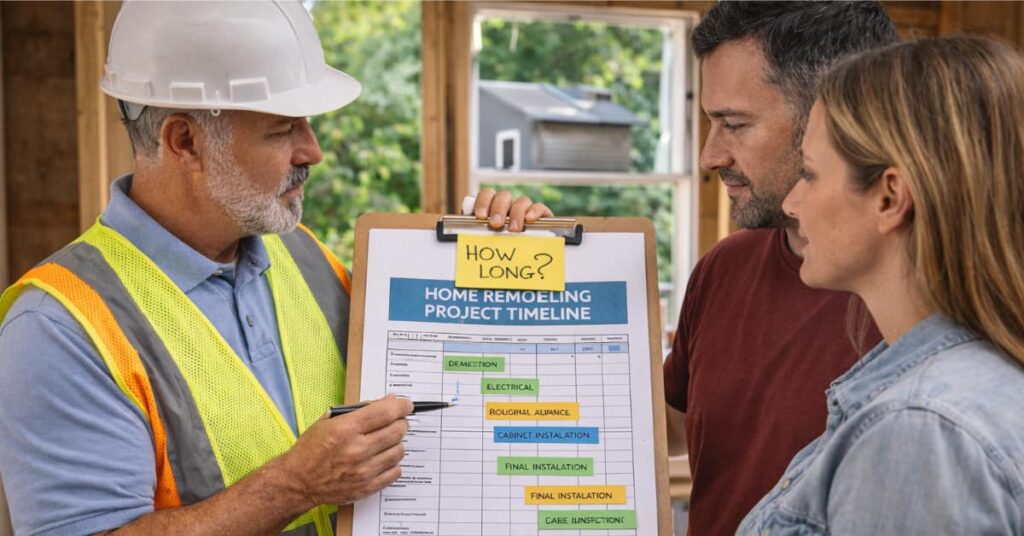 contractor with clip board showing, How Long Does a Home Remodel Take in North Jersey to a couple