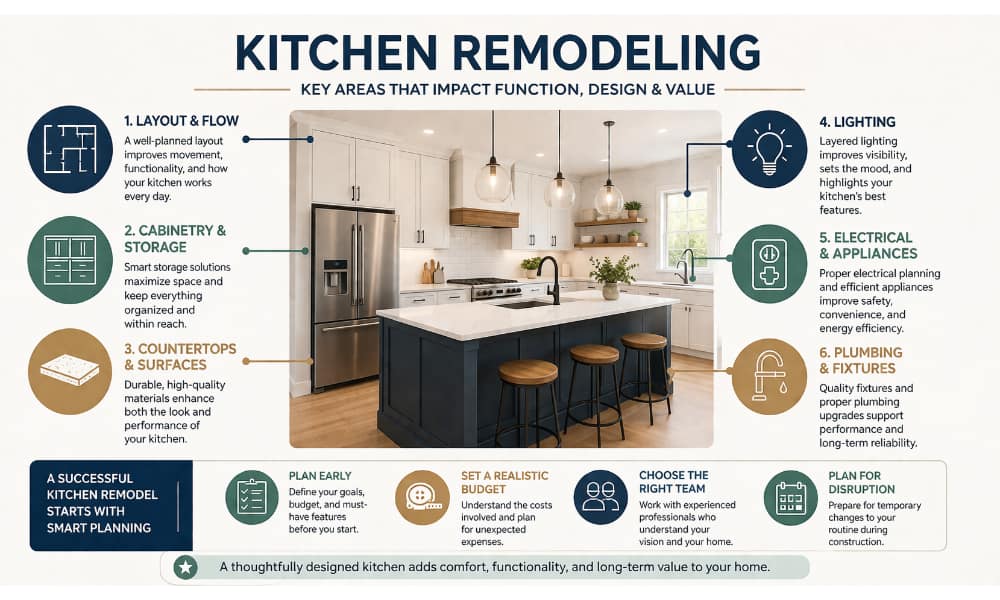 kitchen remodeling layout cabinetry lighting appliances infographic north and central jersey